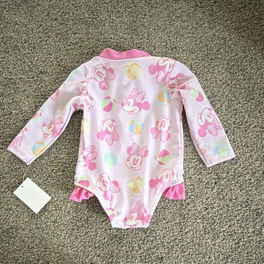 Girls Disney Minnie Mouse Pink/White Floral Rash Guard One-Piece 3 mn NWT A4